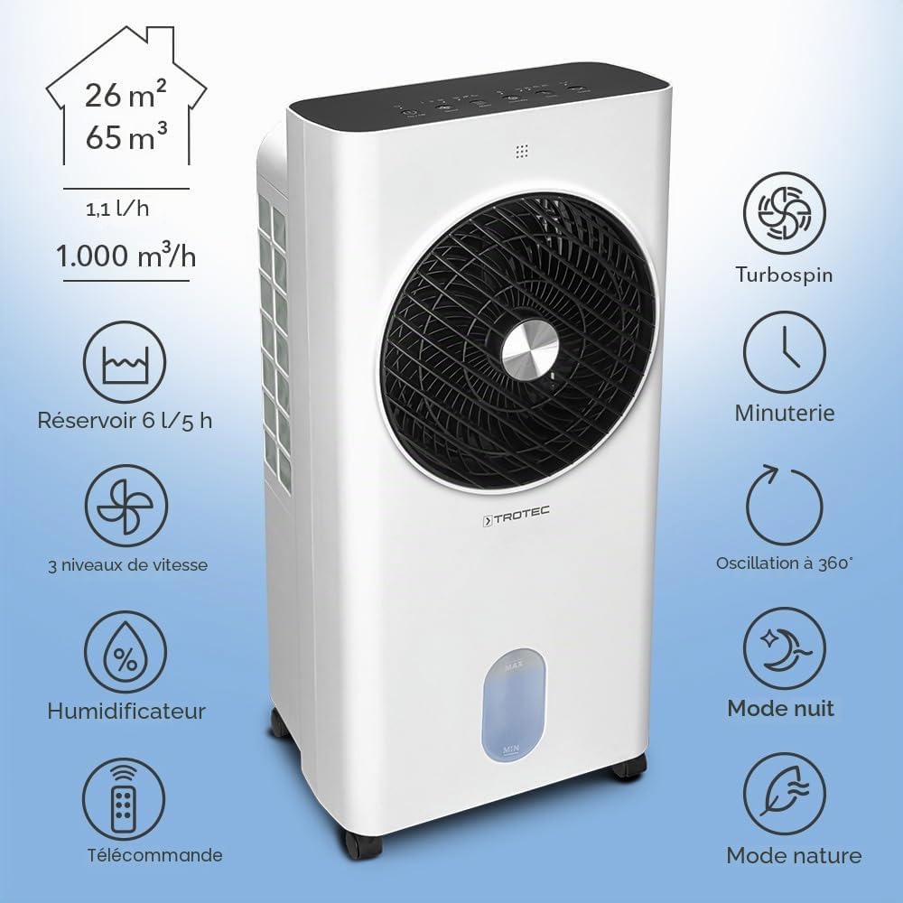  TROTEC Rafraîchisseur D'Air 4-en-1 PAE 31 - Technologie Turbospin 1000 M³/h, Portée 10m, Refroidisseur, Ventilateur, Humidificateur Et Purificateur, Réservoir 6L, Oscillation 360°, Jusqu'à 26 M²