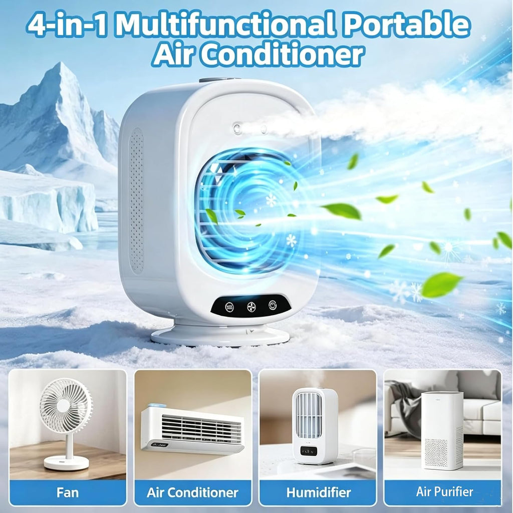  ZVD Climatiseur Mobile Portable,Mini Refroidisseur D'Air 4 En 1 (Blanc) | Silencieux,3 Vitesses,300ML,USB,Ventilateur Brumisateur,Mini Clim Pour Bureau,Chambre,Voiture,Camping