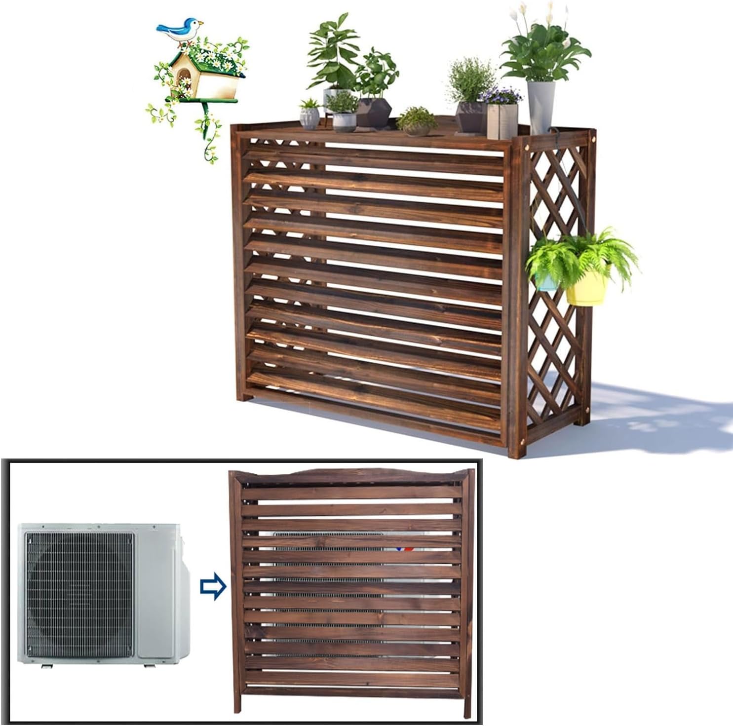  Housse En Bois Pour Climatiseur D'extérieur – Design élégant à Persiennes En Bois Massif Et Support De Fleurs 4 (taille M : 100 X 43 X 94 Cm)