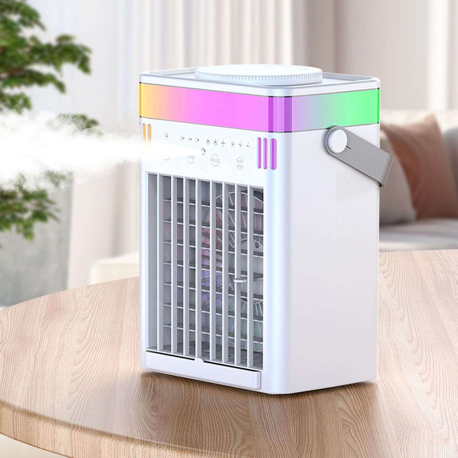  Climatiseur Mobile Silencieux Refroidisseur D'Air Avec 3 Niveaux De Flux, 3 Modes De Brumisation, Minuterie 2/4/8H Éclairage RGB Alimentation Mini Ventilateur Portable USB Pour Chambre Bureau Voiture