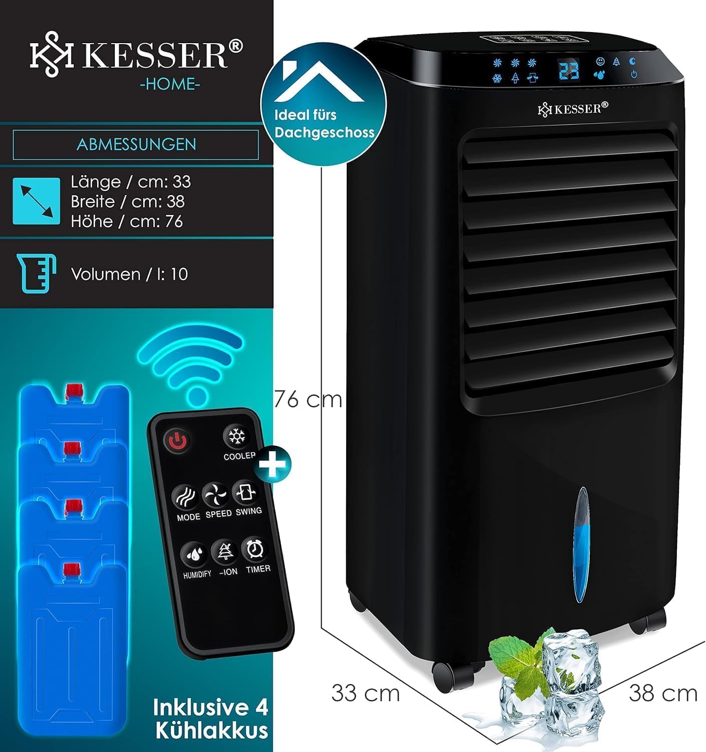  KESSER® Climatiseur Mobile 4 En 1 – Refroidisseur D'air Avec Télécommande Et Minuterie, Réservoir D'eau De 10 L, Ionisateur Et Humidificateur, Ventilateur Climatiseur Sans Tuyau D'évacuation, 3