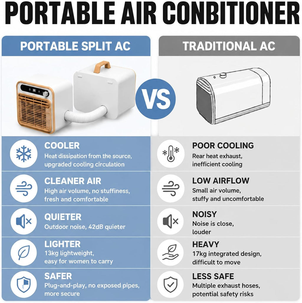  Climatiseur Portable 5000 BTU, AC Mobile Pour Tente 1m | Modèle Split Silencieux, Refroidisseur D'air Intelligent Avec Option Tuyau 1m/1.5m/2m, Minuterie 12H Bureau