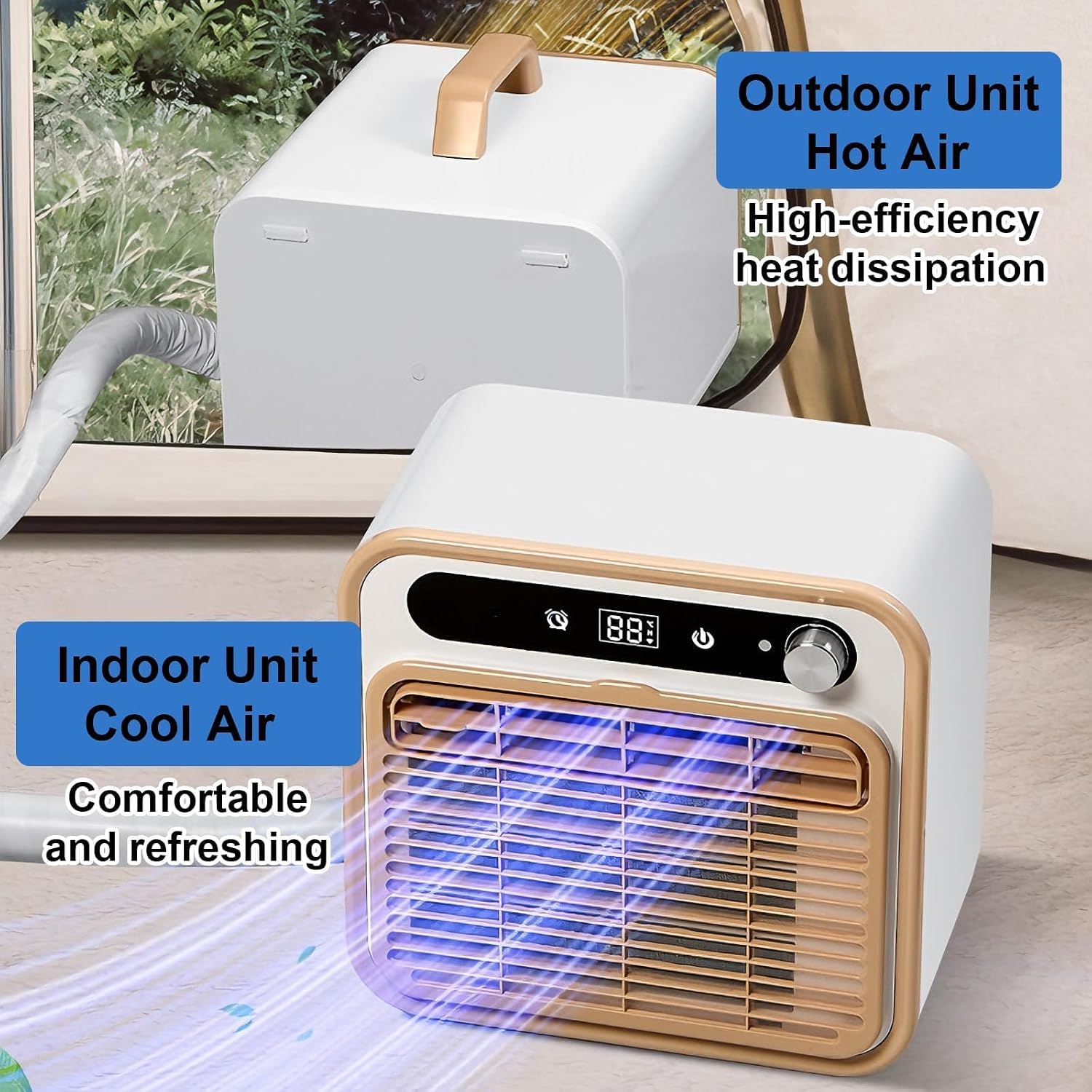 GENERIC Climatiseur Split Portable, Unité De Climatisation 5000 BTU Avec Wi-Fi Et Télécommande - Refroidissement Silencieux 40dB, Débit D’Air 130m³/h, Minuterie 12H Pour Camping-Car, Caravane, Campin 2m-Pipe