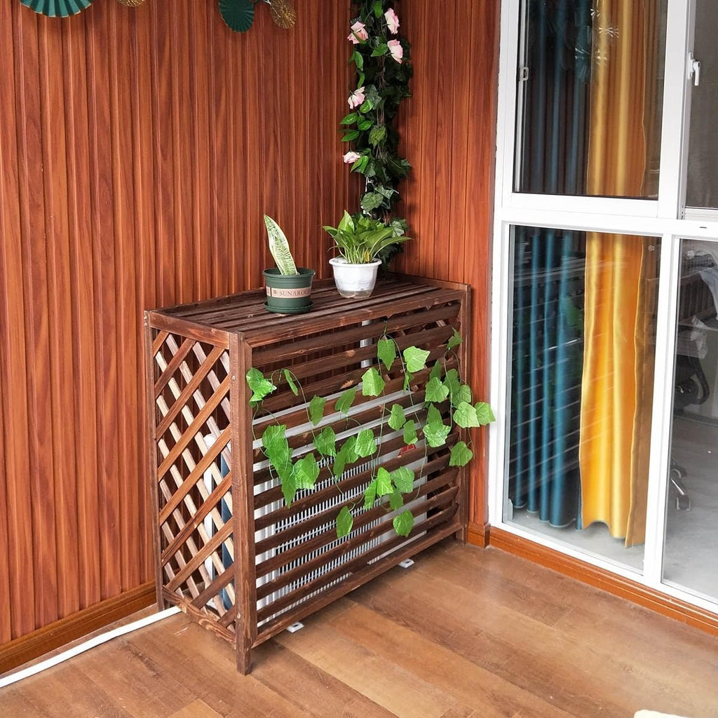  Housse En Bois Pour Climatiseur D'extérieur – Design élégant à Persiennes En Bois Massif Et Support De Fleurs 4 (taille M : 100 X 43 X 94 Cm)