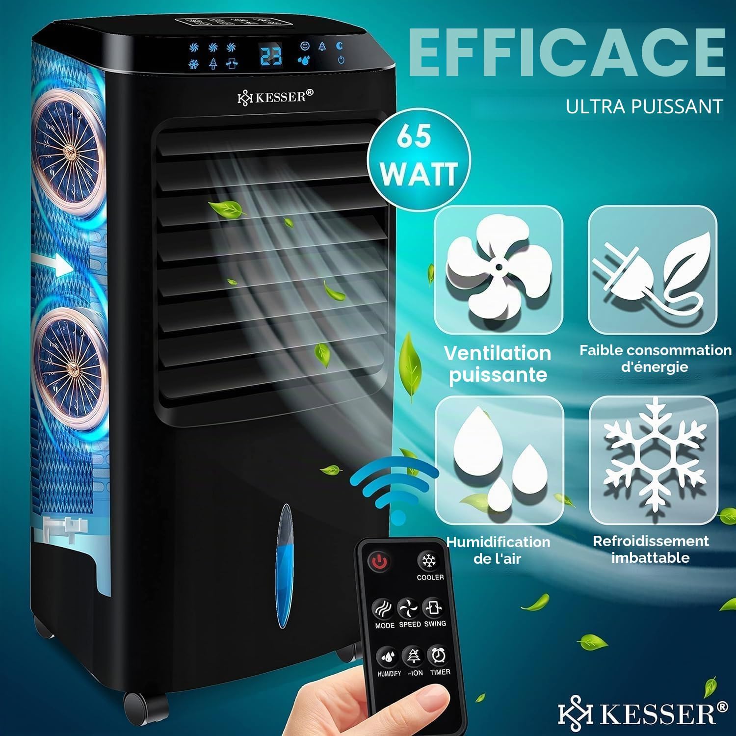  KESSER® Climatiseur Mobile 4 En 1 – Refroidisseur D'air Avec Télécommande Et Minuterie, Réservoir D'eau De 10 L, Ionisateur Et Humidificateur, Ventilateur Climatiseur Sans Tuyau D'évacuation, 3