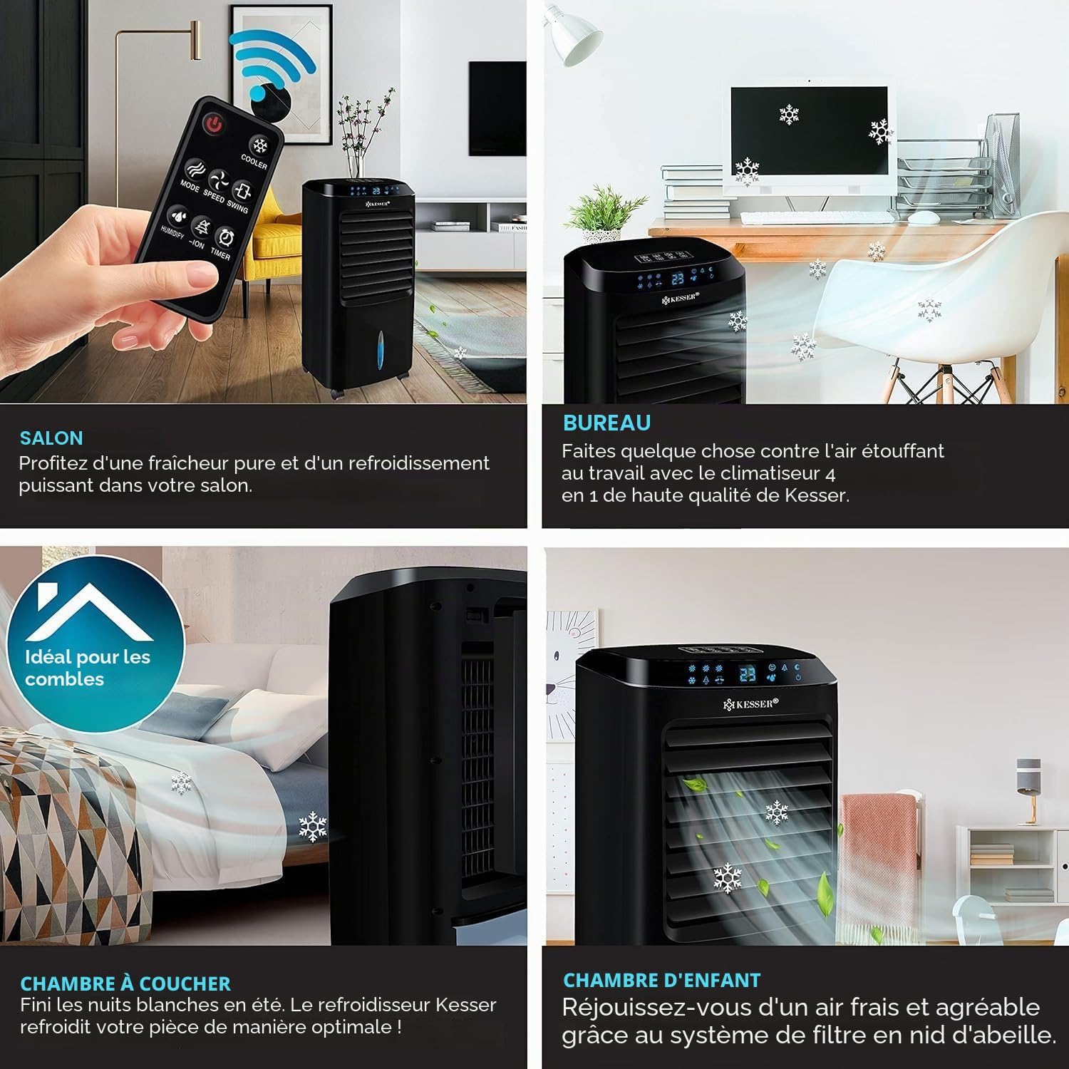  KESSER® Climatiseur Mobile 4 En 1 – Refroidisseur D'air Avec Télécommande Et Minuterie, Réservoir D'eau De 10 L, Ionisateur Et Humidificateur, Ventilateur Climatiseur Sans Tuyau D'évacuation, 3