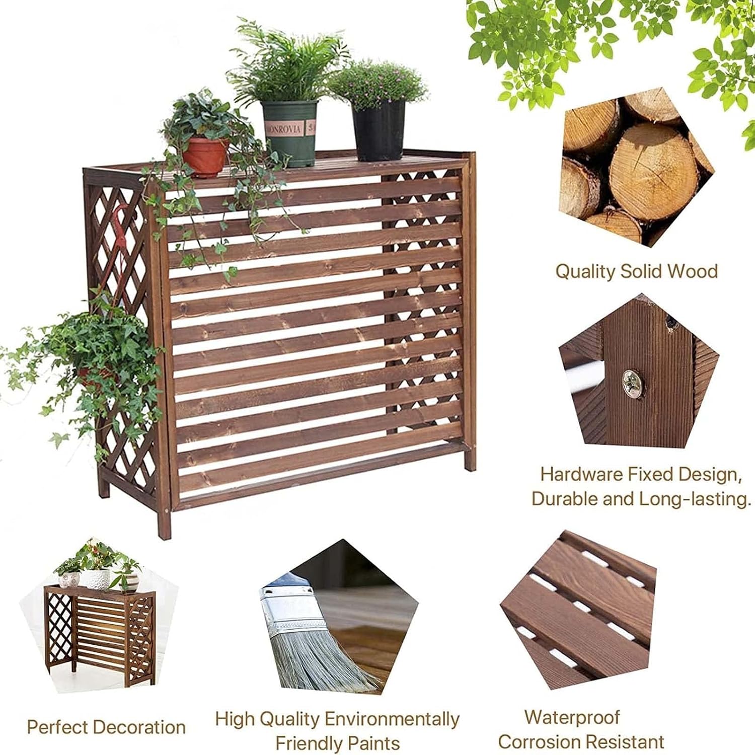 GENERIC Housse De Climatiseur En Bois Avec Volets Extérieurs - Cadre élégant - Panier Caché - Installation Facile Pour La Maison Et Le Jardin