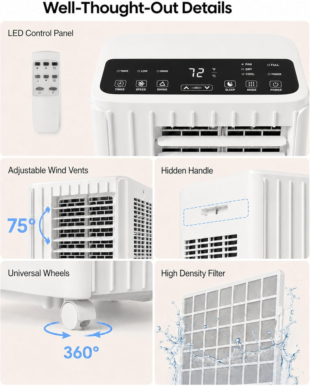  Climatiseur Mobile, 8000 BTU, Refroidit La Pièce Jusqu'à 350 Mètres Carrés, Unité AC 3 En 1 Avec Mode Déshumidificateur Et Ventilateur, Télécommande, Ultra Silencieux 48 DB, Blanc Et