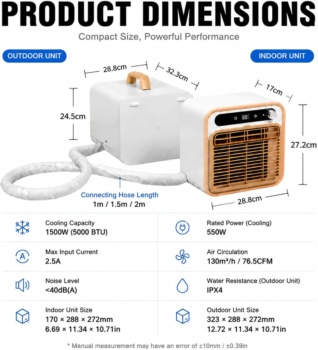  Climatiseur Portable 5000 BTU, Climatiseur Camping 1.5m | Structure Split Silencieux, Mini Climatiseur Chambre Bureau Avec Tuyau 1m/1.5m/2m Optionnel, Minuterie 12H Sans Eau