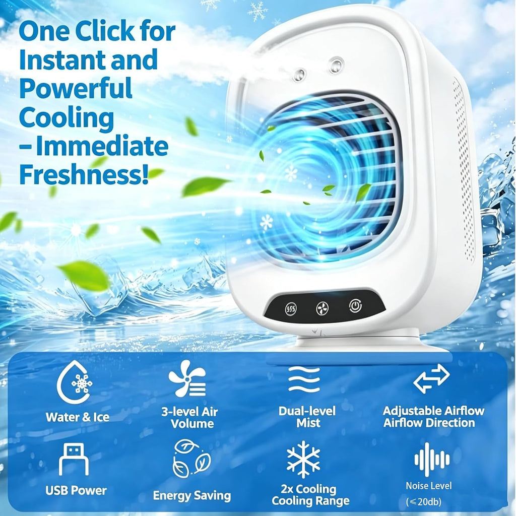  ZVD Climatiseur Mobile Portable,Mini Refroidisseur D'Air 4 En 1 (Blanc) | Silencieux,3 Vitesses,300ML,USB,Ventilateur Brumisateur,Mini Clim Pour Bureau,Chambre,Voiture,Camping