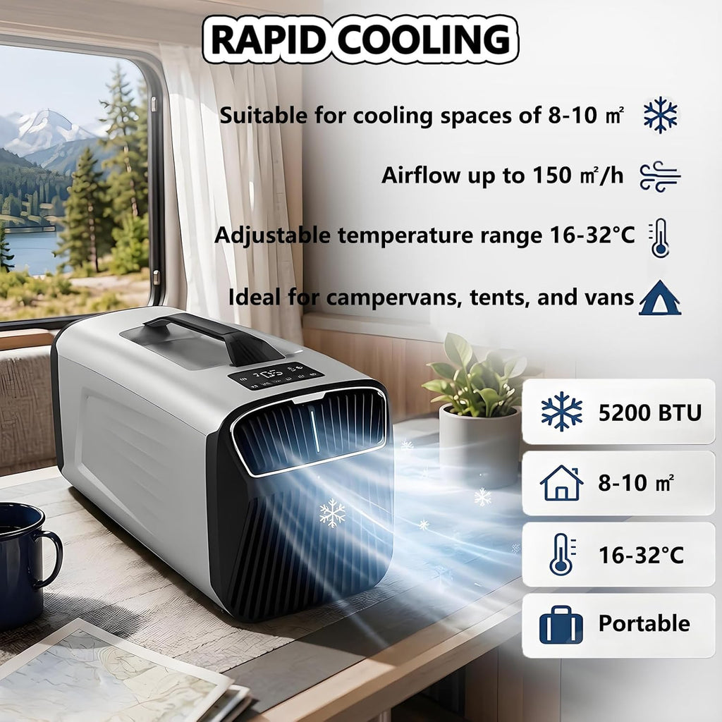  Climatiseur De Camping Portable Avec Humidificateur, Écran Tactile, Unité De Climatisation De 5200 Btu Pour Tente, Refroidissement Rapide Pour Camping-Cars, Fourgons Aménagés Et SUV Grey