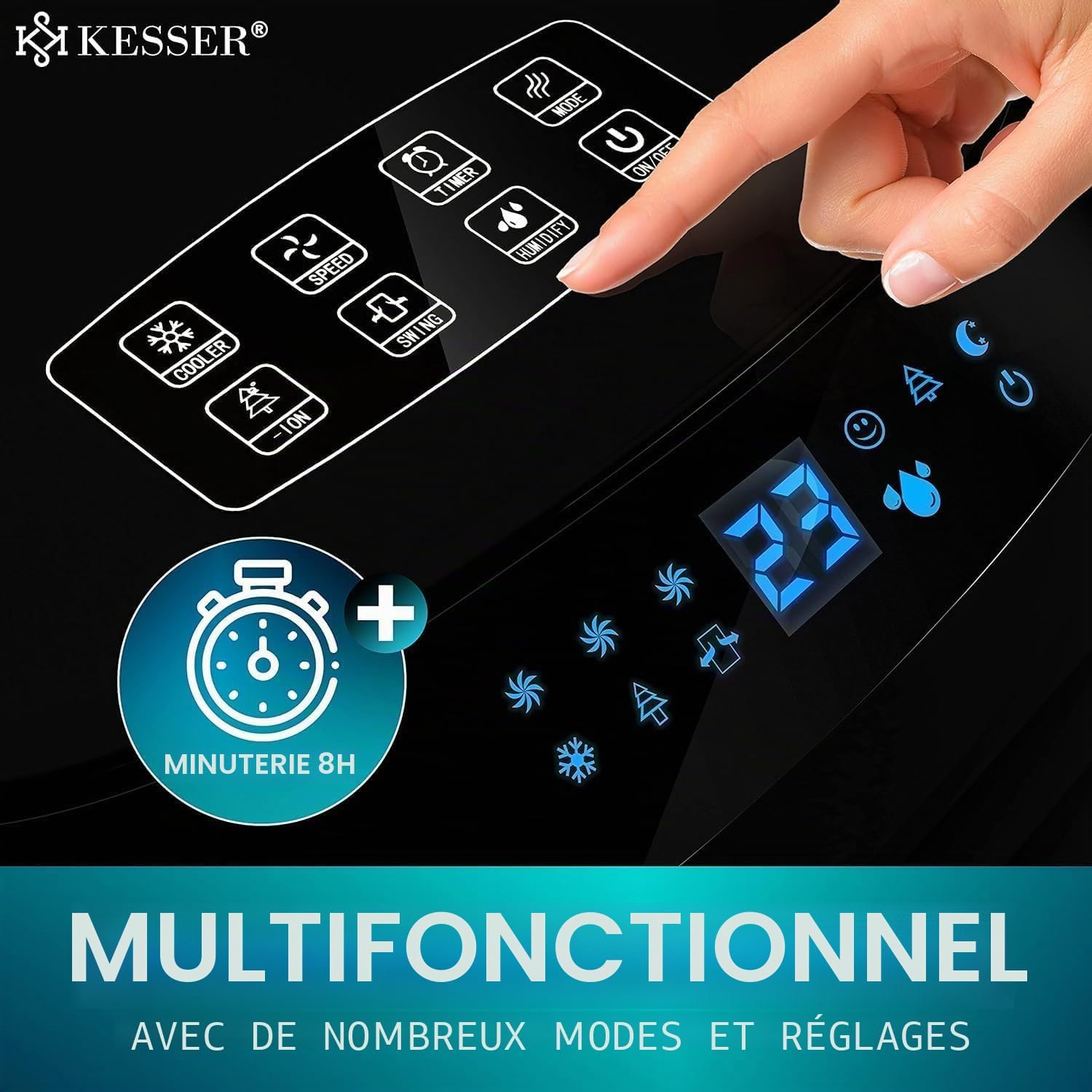  KESSER® Climatiseur Mobile 4 En 1 – Refroidisseur D'air Avec Télécommande Et Minuterie, Réservoir D'eau De 10 L, Ionisateur Et Humidificateur, Ventilateur Climatiseur Sans Tuyau D'évacuation, 3