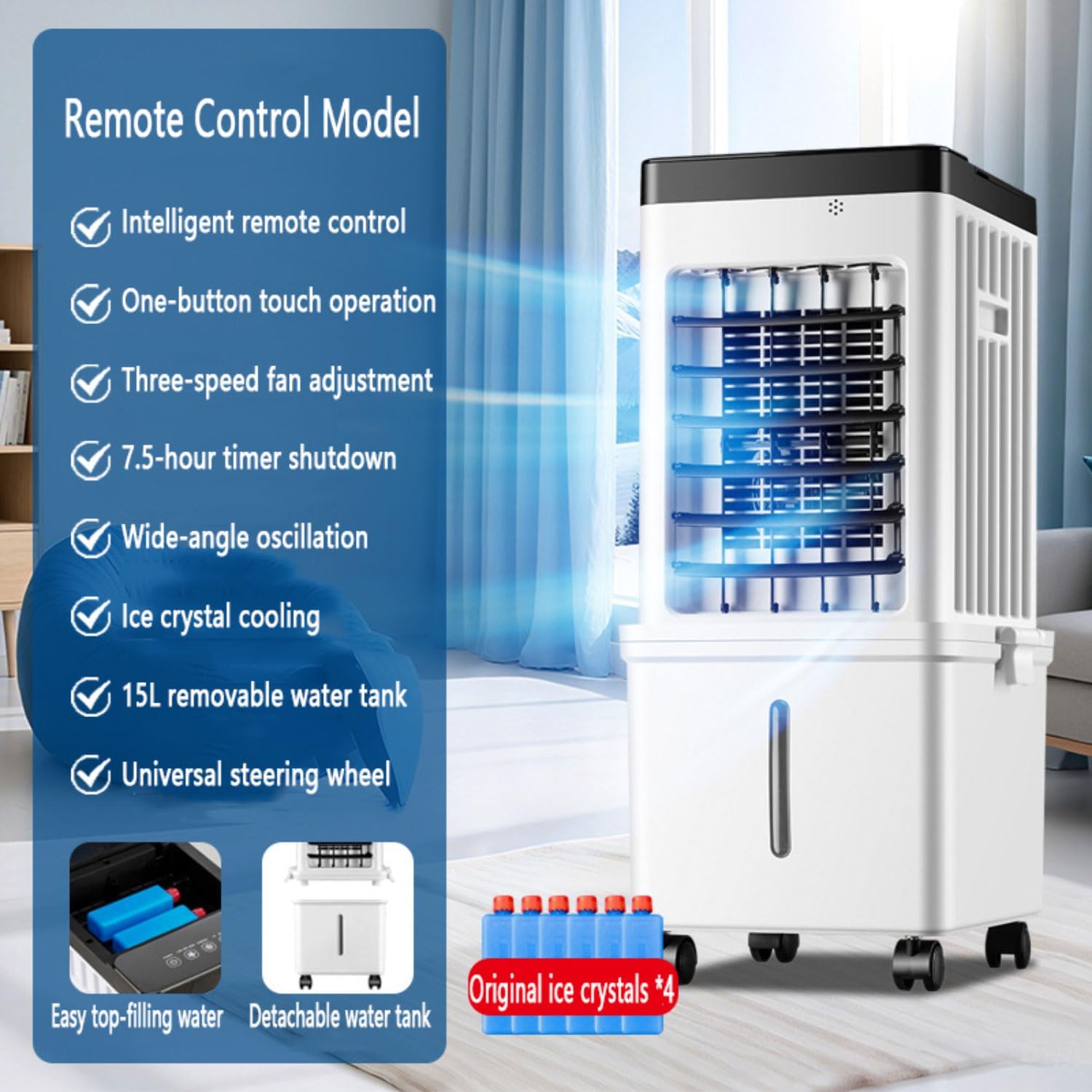  Climatiseur Mobile Sans Évacuation 15L 75W Climatiseur Mobile Silencieux Avec Minuterie De 7.5H 3 Modes 40dB Réservoir D'eau Amovible Télécommande Refroidisseur D'air Climatisation Pour Chambre