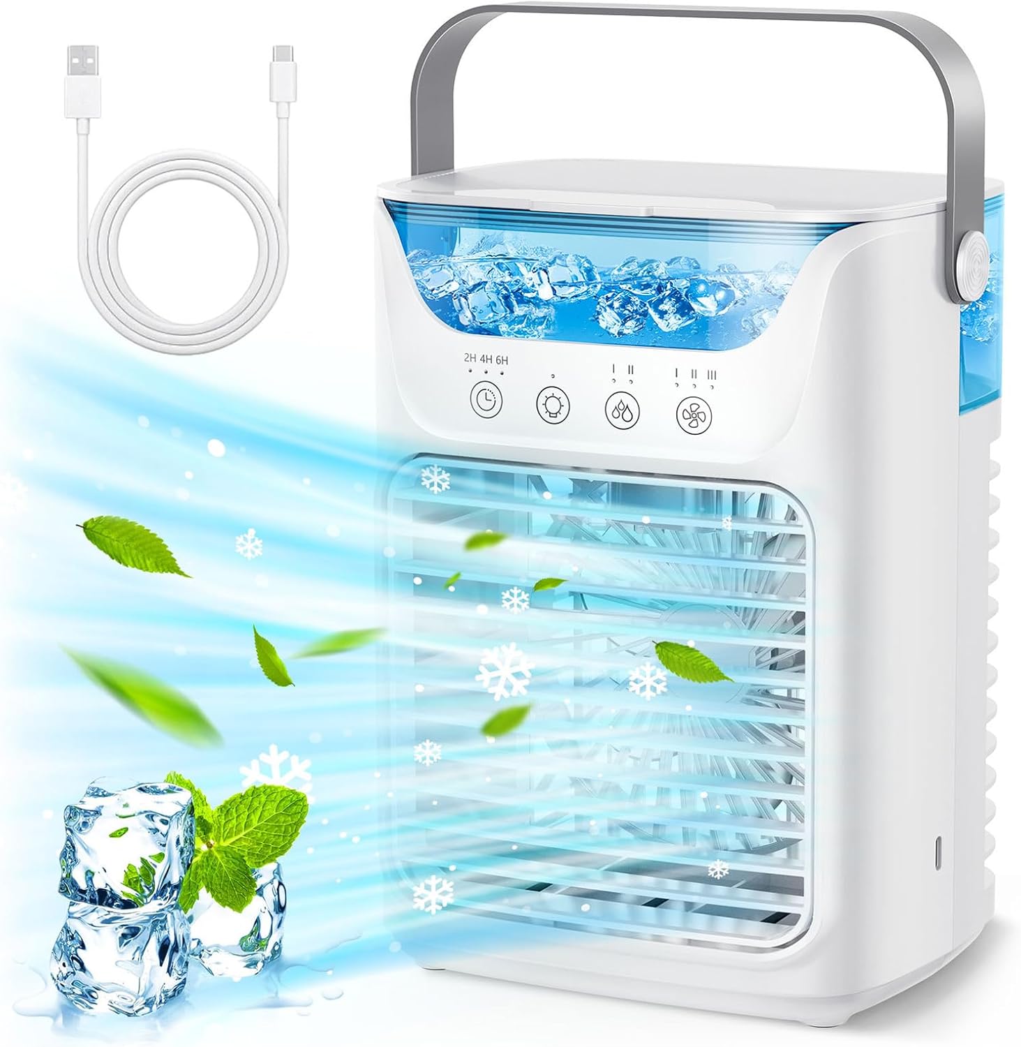  Mini Climatiseur Portable 700 Ml Réservoir, Refroidisseur à Air USB Avec 3 Vitesses De Vent, Poignée