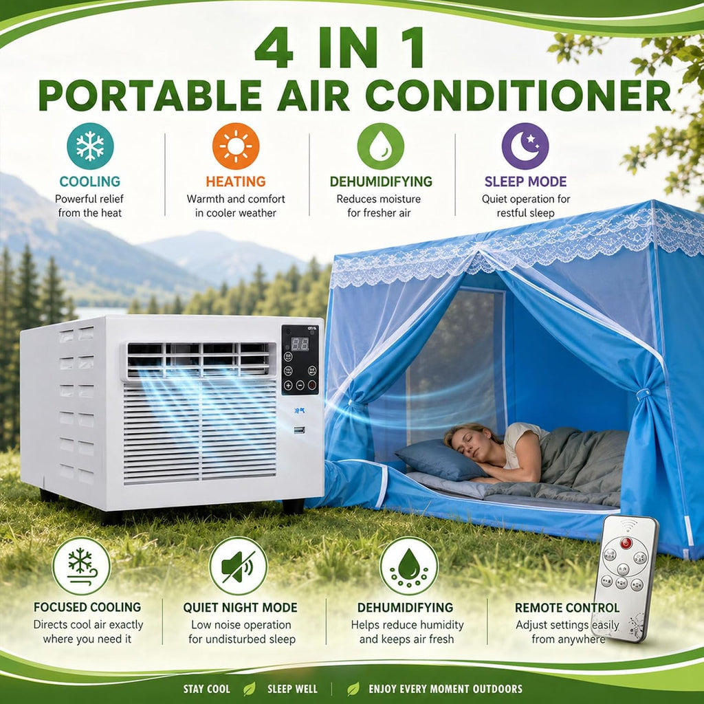  Climatiseur Portable 1876 Btu Pour Tentes,280W,Déshumidificateur,Rafraîchisseur D'air Avec Minuterie Et Télécommande Pour Tentes 1 À 3 Personnes,Camping En Camion Et Camping-Cars AC+1.8M