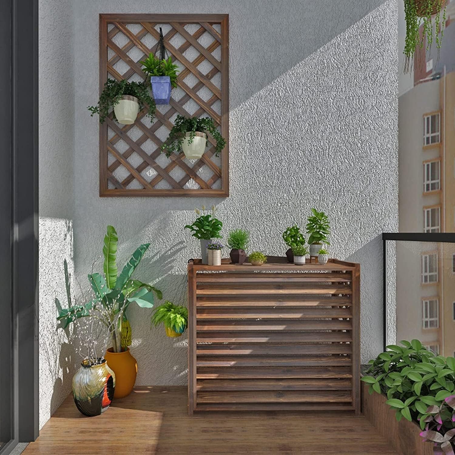  Clôture De Confidentialité Extérieure, Couverture De Climatisation, Support For Plante, Couverture De Climatiseur Cachée En Bois, 3 Panneaux (Color : A, Size : 115X54X95Cm)