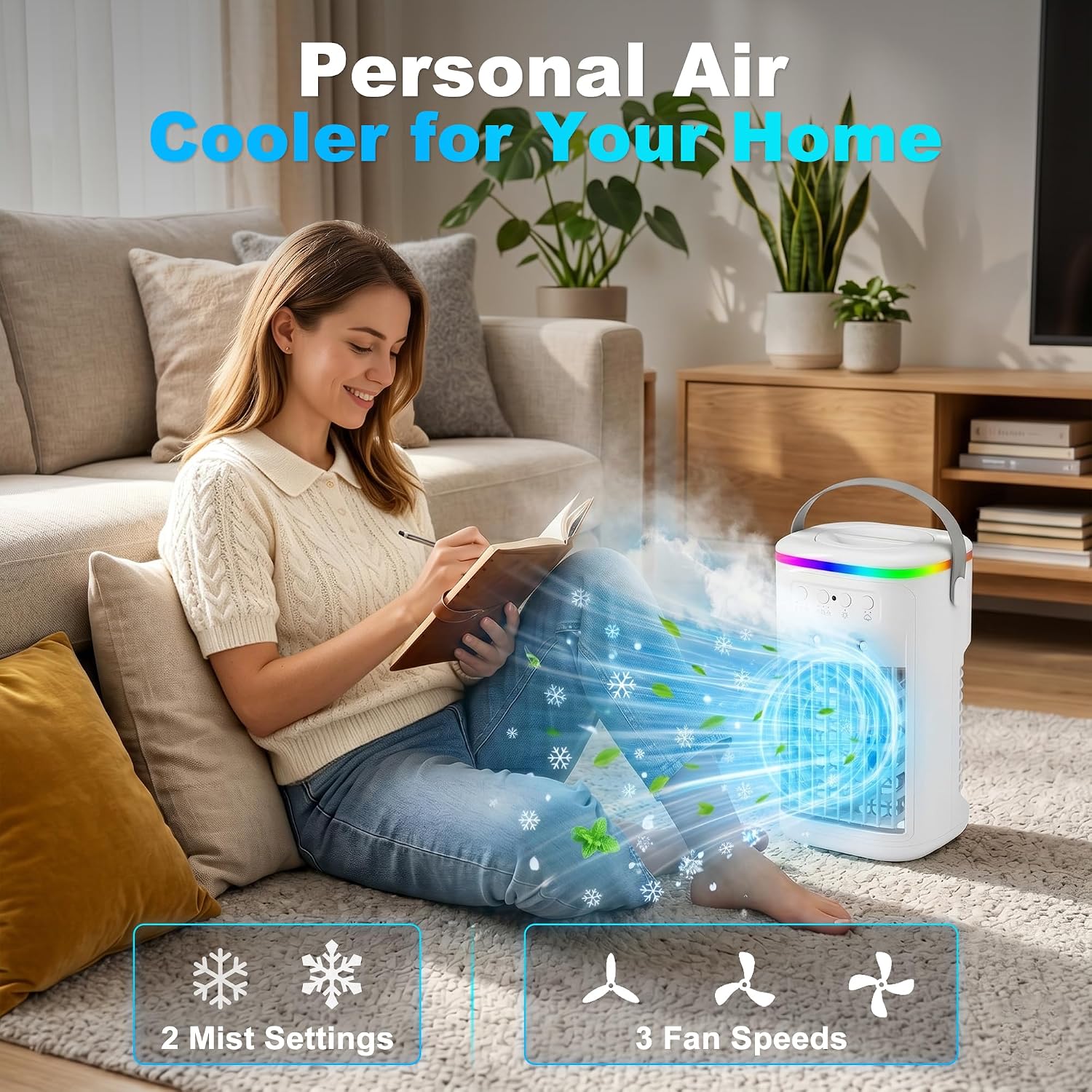  Climatiseur Mobile, Mini Rafraîchisseur D’Air Silencieux Avec Télécommande, Ventilateur Brumisateur USB, 3 Vitesses, 2 Modes Brume, Minuteur 1H/2H/4H, LED 7 Couleurs, Pour Chambre Bureau