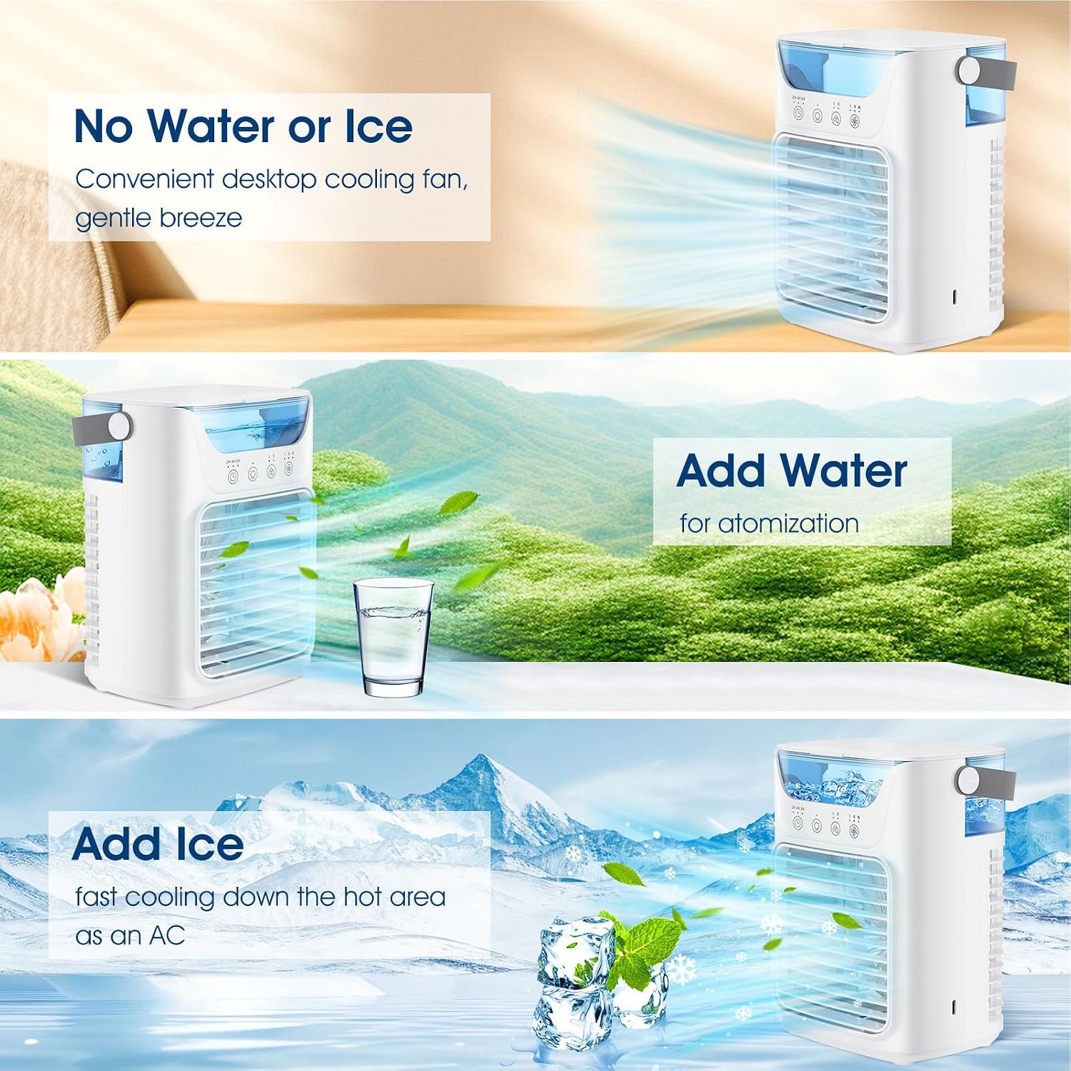  Mini Climatiseur Portable 700 Ml Réservoir, Refroidisseur à Air USB Avec 3 Vitesses De Vent, Poignée