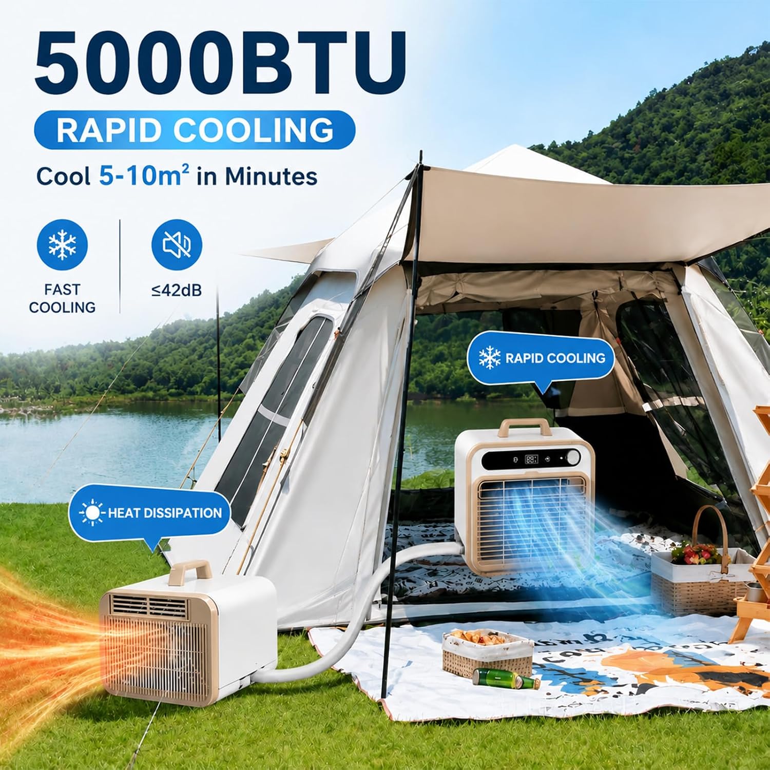  Climatiseur Portable 5000 BTU, AC Mobile Pour Tente 1m | Modèle Split Silencieux, Refroidisseur D'air Intelligent Avec Option Tuyau 1m/1.5m/2m, Minuterie 12H Bureau