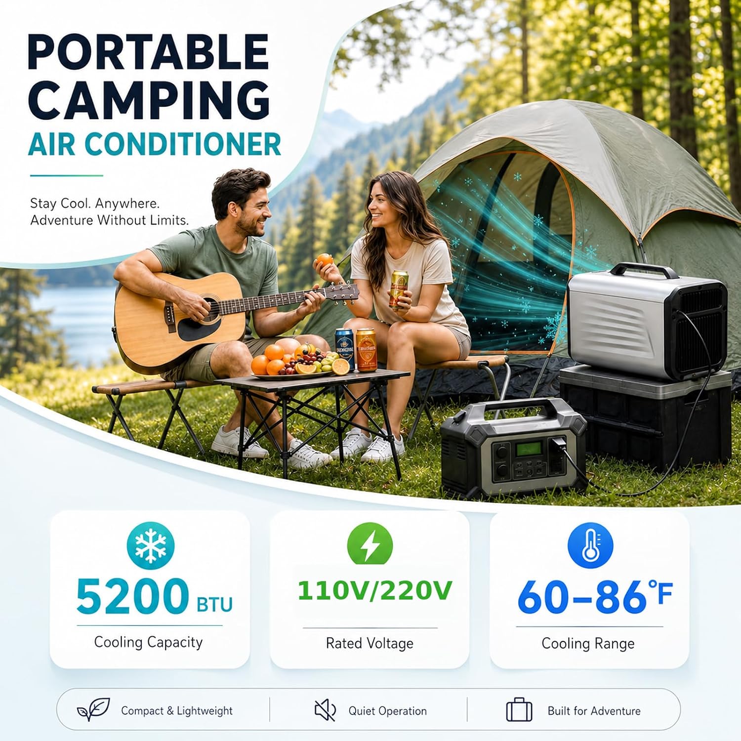 Climatiseur Mobile Portable 5200 BTU, 400W Climatiseur De Tente Avec Compresseur, Refroidissement Rapide Et Mode Nuit, Déshumidificateur Ventilateur Pour Camping, Van, RV Et Petit Espace