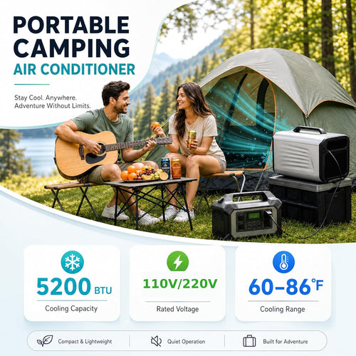  Climatiseur Mobile Portable 5200 BTU, 400W Climatiseur De Tente Avec Compresseur, Refroidissement Rapide Et Mode Nuit, Déshumidificateur Ventilateur Pour Camping, Van, RV Et Petit Espace