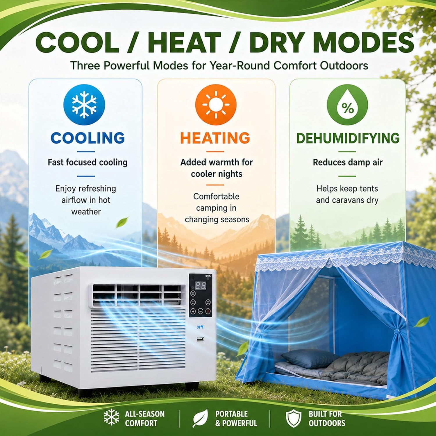  Climatiseur Portable 1876 Btu Pour Tentes,280W,Déshumidificateur,Rafraîchisseur D'air Avec Minuterie Et Télécommande Pour Tentes 1 À 3 Personnes,Camping En Camion Et Camping-Cars AC+1.8M
