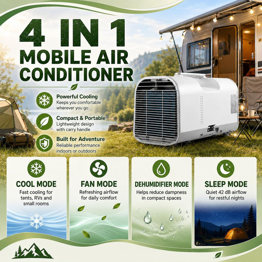  Climatiseur Mobile 2026,Climatiseur Portable Pour Tente De Camping Et Intérieur,Rafraîchisseur D'air Portable 4 En 1 Avec Fonctions Sommeil Et Déshumidification,Silencieux À 42Db DC1200W