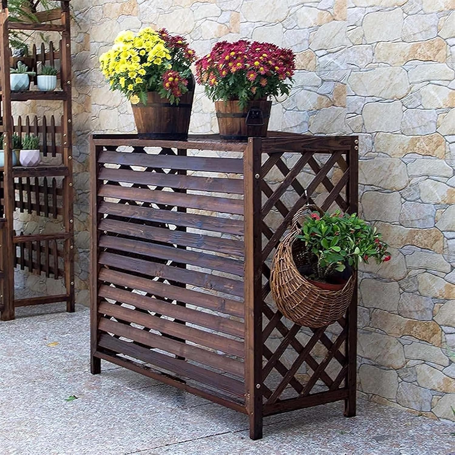 GENERIC Housse De Climatiseur D'extérieur En Bois Anti-corrosion Pour Plantes Et étagère De Rangement, Design à Persiennes Pour Supports De Fleurs, Protection Durable Et élégante Pour Unité De Climatisation