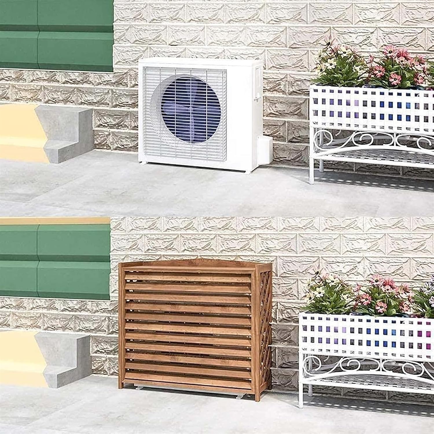 GENERIC Housse De Climatiseur D'extérieur En Bois Anti-corrosion Pour Plantes Et étagère De Rangement, Design à Persiennes Pour Supports De Fleurs, Protection Durable Et élégante Pour Unité De Climatisation