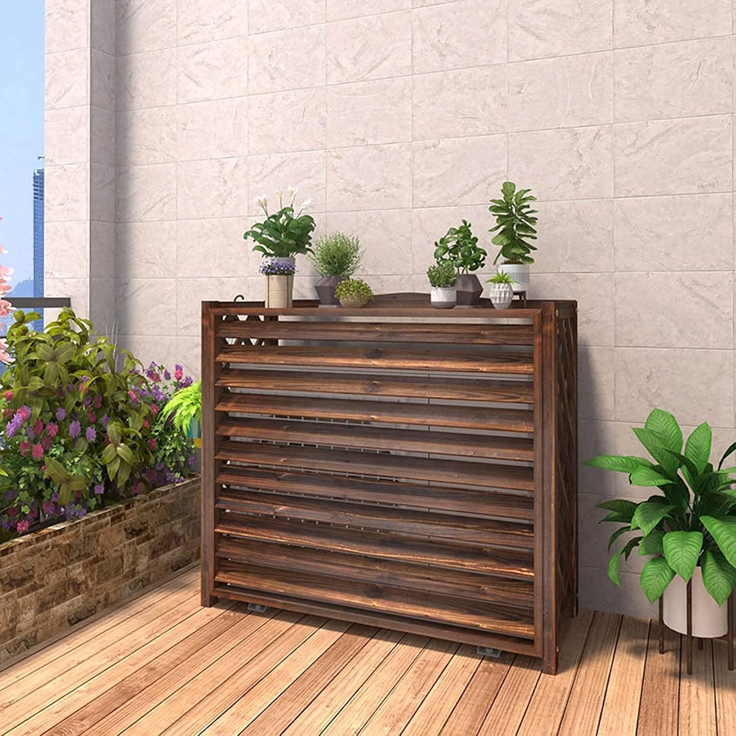  Housse De Protection Pour Climatiseur Extérieur, Unité De Condensation En Bois Durable, Pour Boîtier De Poubelle Autoportant, écran De Clôture Marron Pour Climatiseur