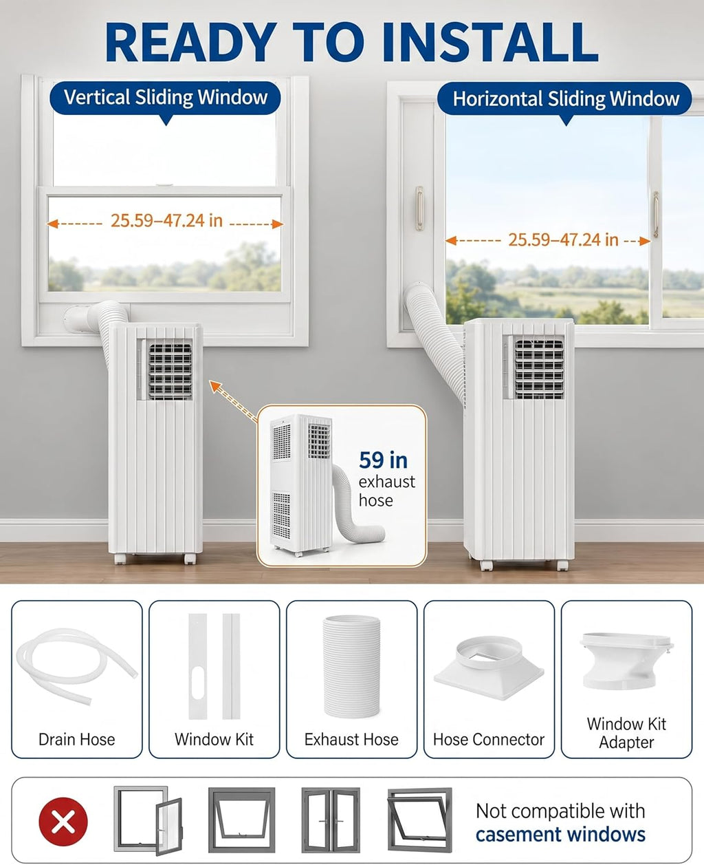  Climatiseur Mobile, 8000 BTU, Refroidit La Pièce Jusqu'à 350 Mètres Carrés, Unité AC 3 En 1 Avec Mode Déshumidificateur Et Ventilateur, Télécommande, Ultra Silencieux 48 DB, Blanc Et