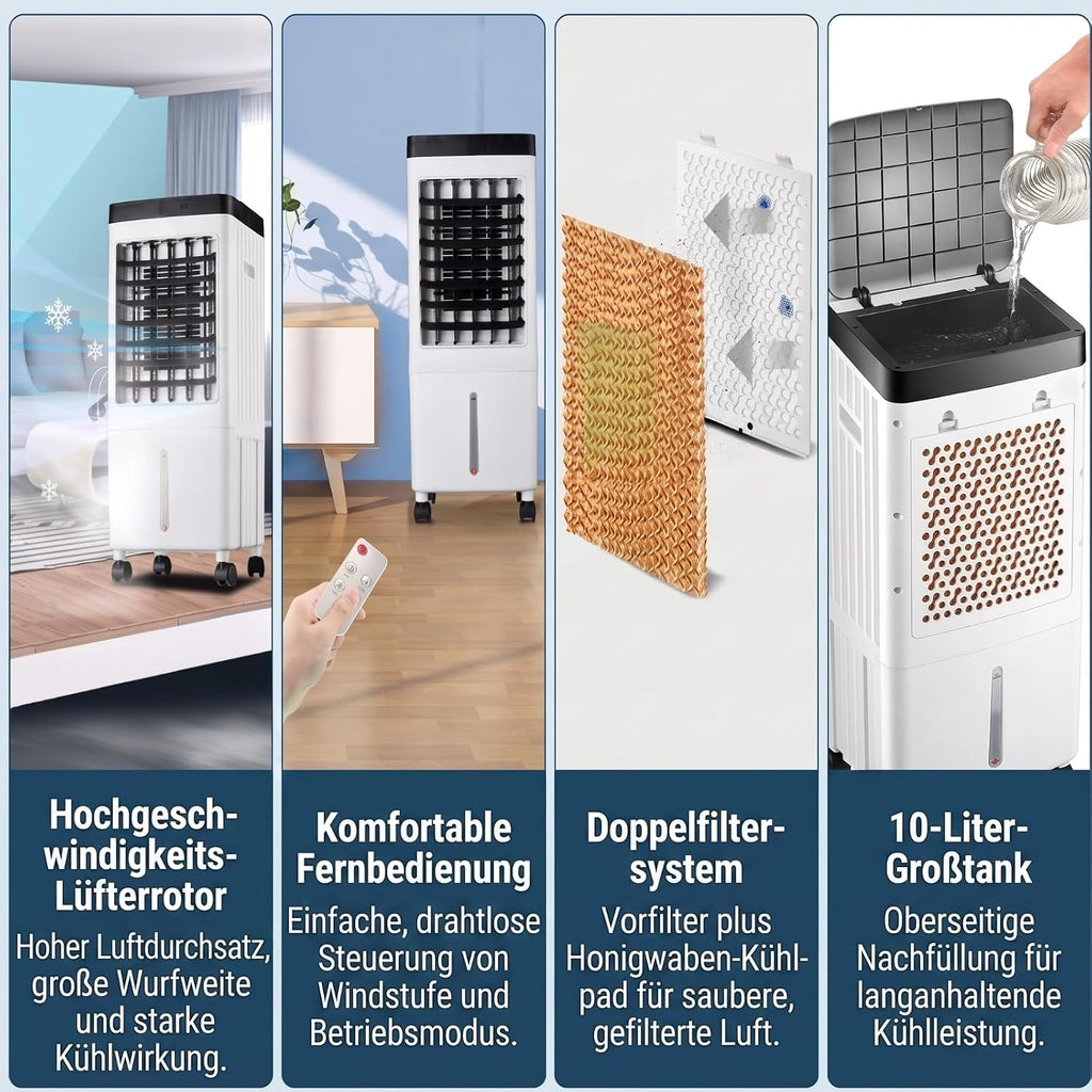  VINGVO Refroidisseur D'air Sans Tuyau D'échappement 10L, Climatiseur Mobile 65W Avec Refroidissement Par Eau, Minuterie Télécommandée à 3 Niveaux, Refroidisseur D'air Pour Chambre De (Prise UE 220V)