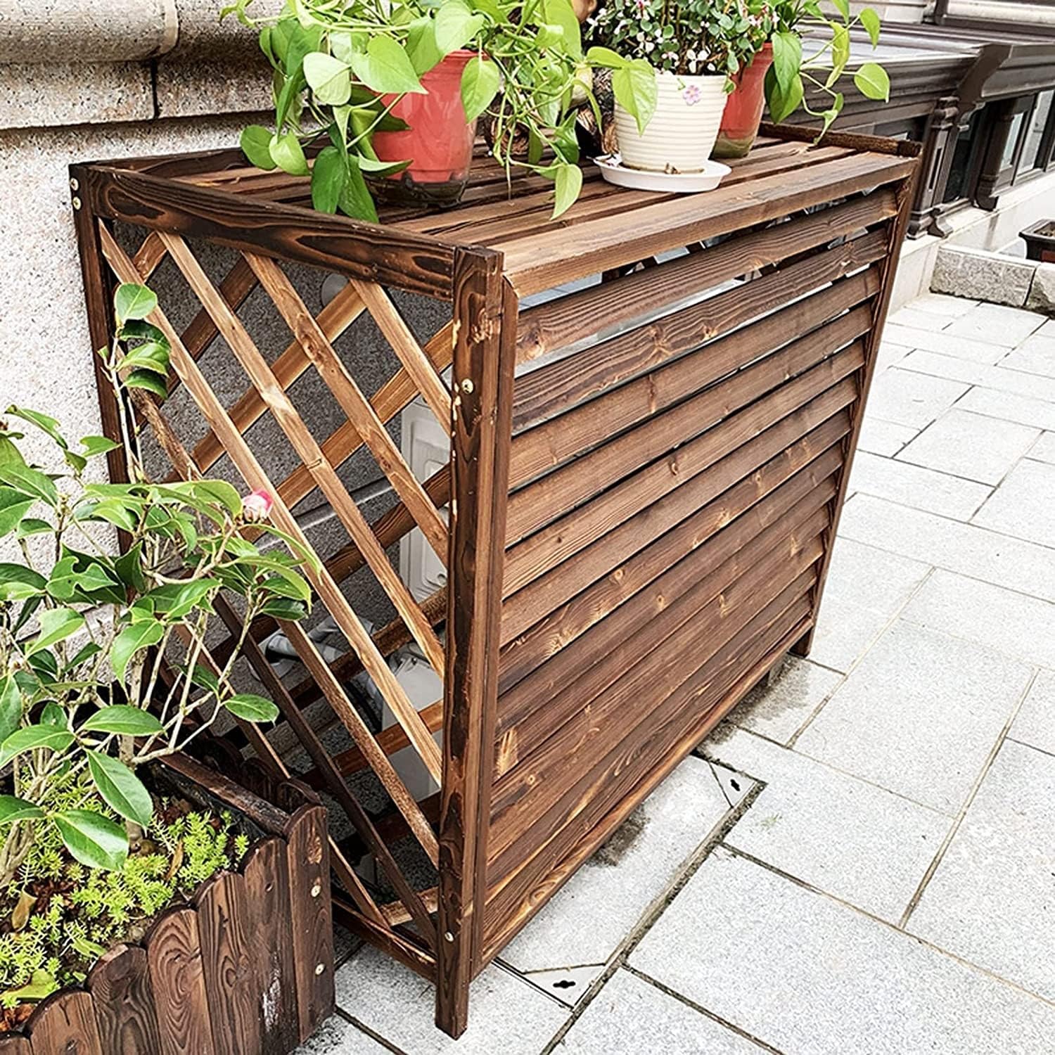  Clôture De Confidentialité Extérieure, Couverture De Climatisation, Support For Plante, Couverture De Climatiseur Cachée En Bois, 3 Panneaux (Color : A, Size : 115X54X95Cm)